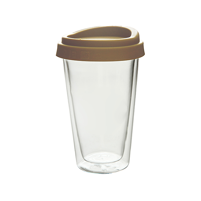 Double Wall Insulation Glass Coffee Mug with Silicone 330ml, GD0105BRN